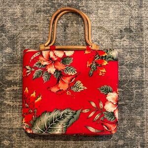 Floral Red Tote Bag with Bamboo Handles